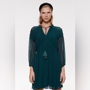 Zara Teal Swiss Dot Chiffon 3/4 Sleeve V-Neck Empire Waist Mini Dress